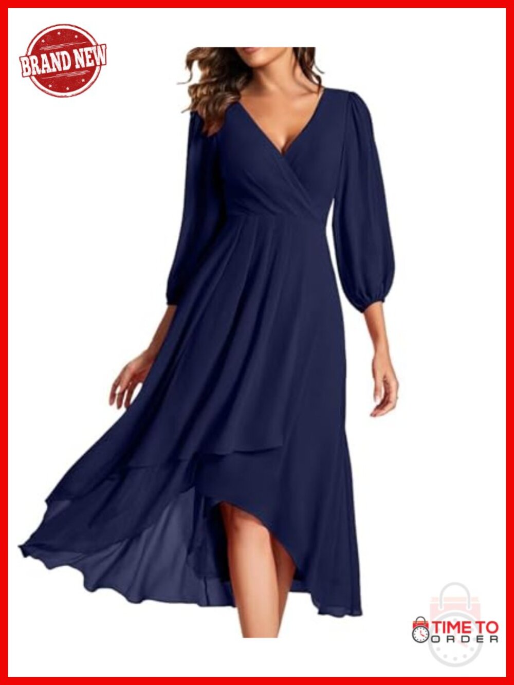 Women's Chiffon Midi Dress V-Neck High Waist A-Line 3/4 Sleeve Casual